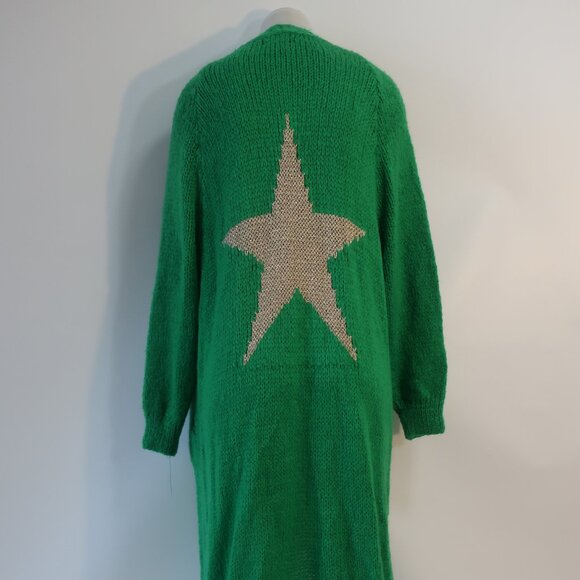 NWT Womens Tina Demel Green Gold Metallic Star Long Open Cardigan Sweater OS - Picture 1 of 11